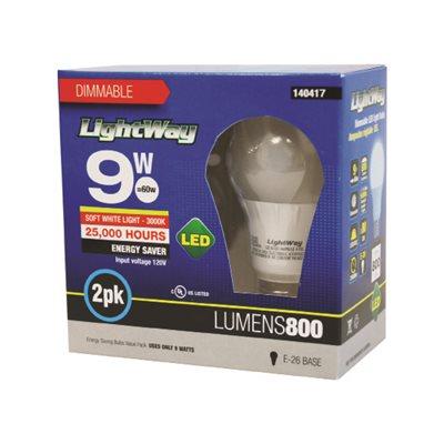 2PC Bulb LED Soft White E-26 Base (A19)9W 3000K Dimmable